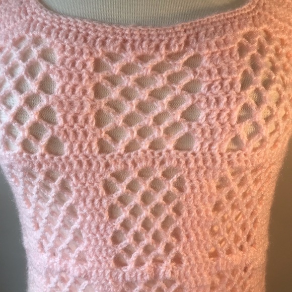 Vintage Pink Crocheted Sweater, Sweater Vest, Mini Dress, Grannycore Cottagecore - Picture 13 of 13